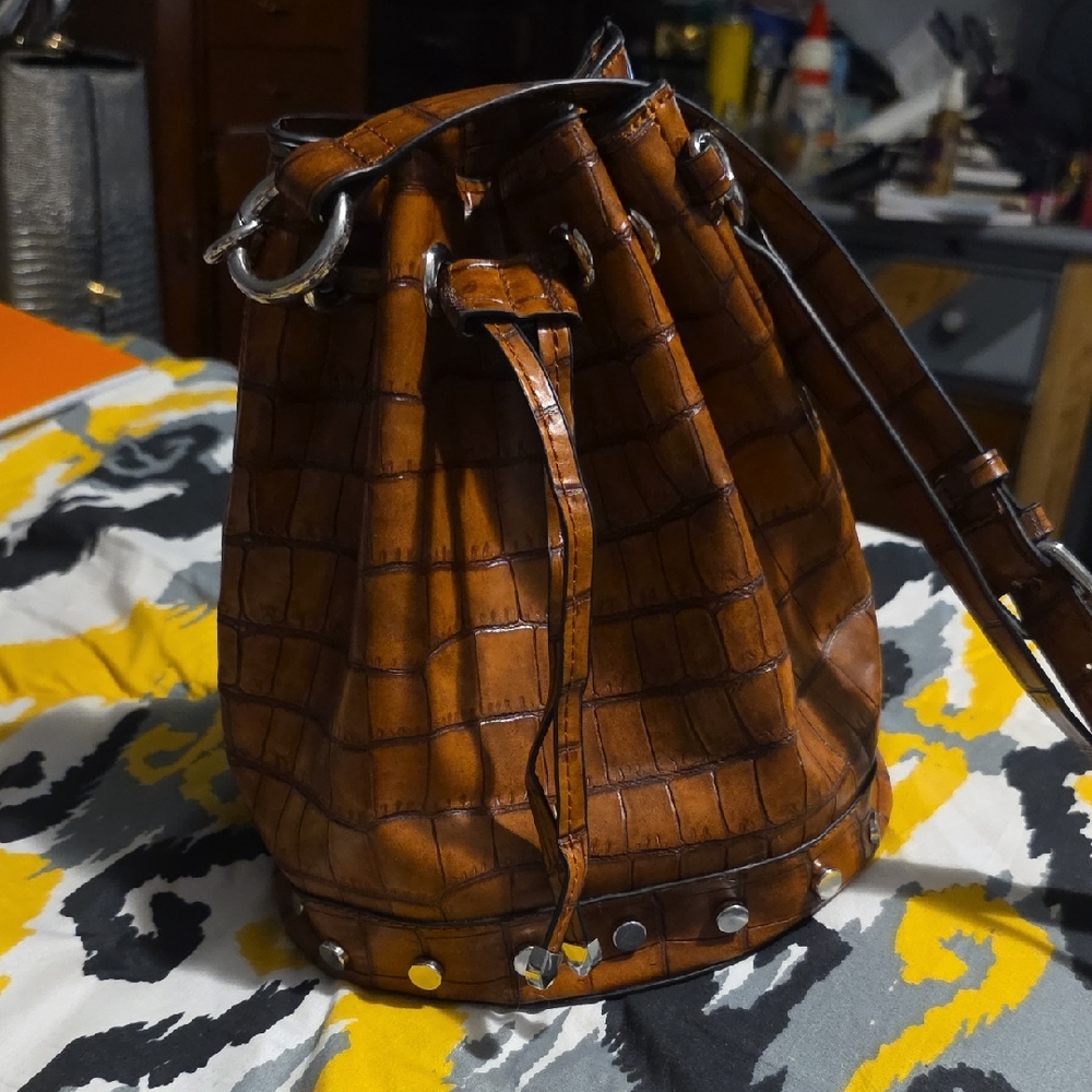 Zara Tan Croc-Embossed Bucket Bag